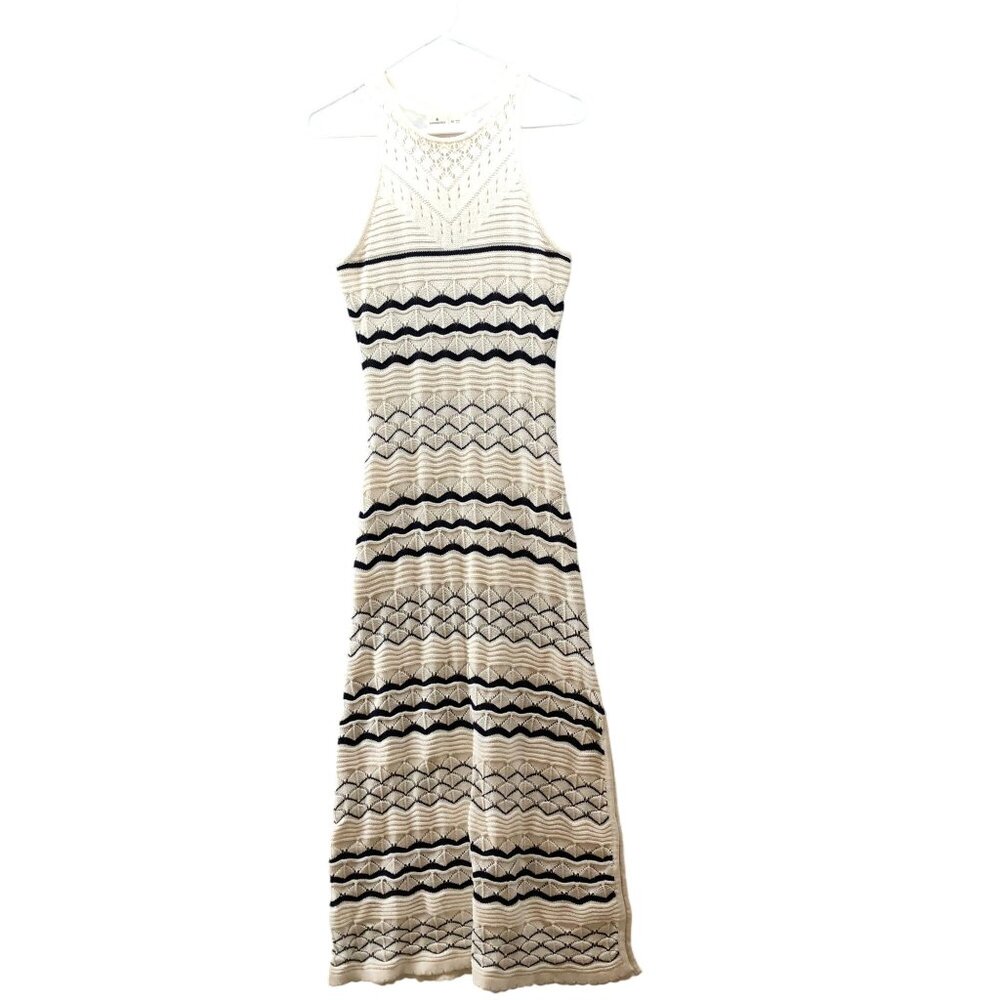 Springfield Knit Maxi Dress Womens M Side‎ Slit Ivory Black Striped Sleeveless